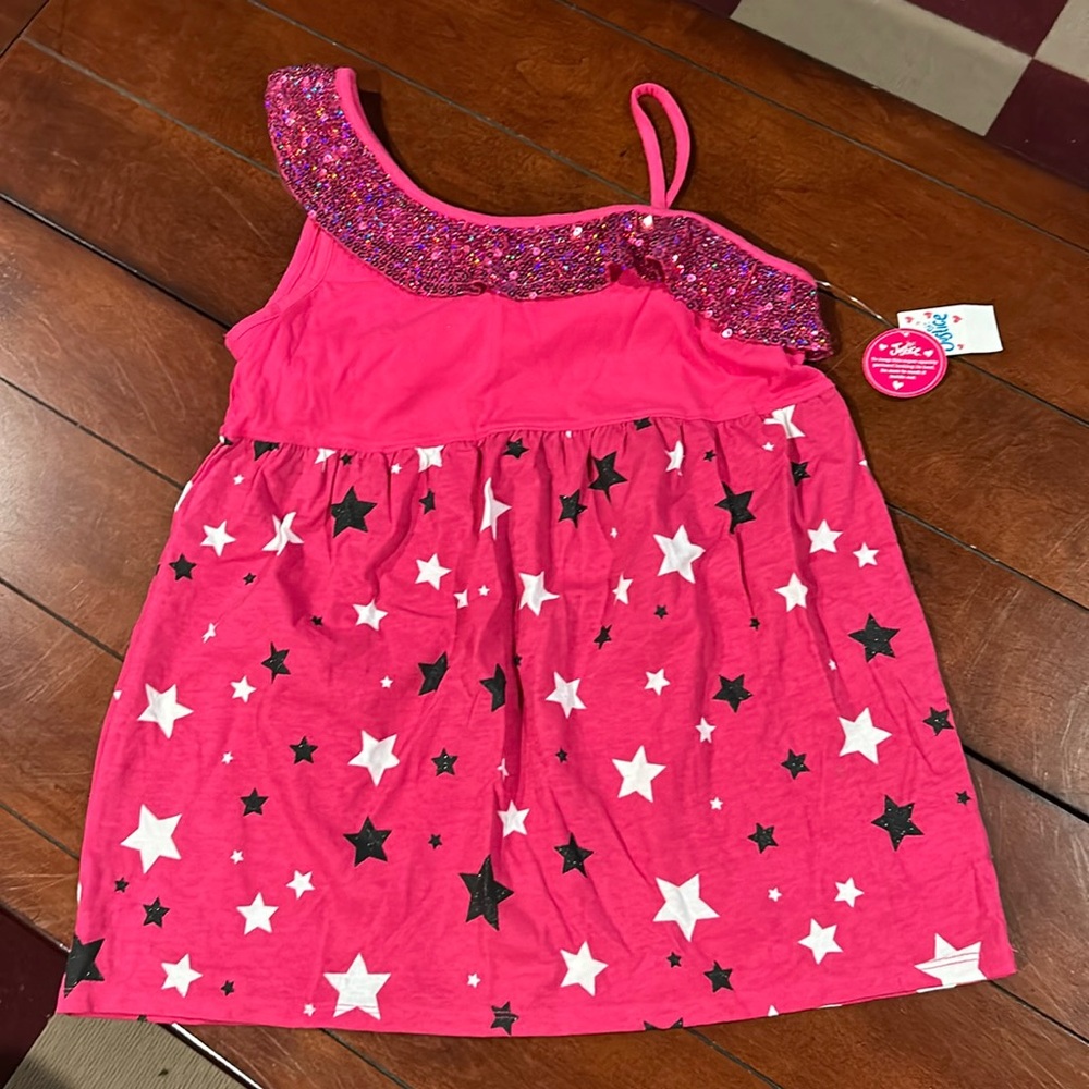 NWT Justice Retail Store Pink Tank Top Sequin ruffle black glitter stars Size 18